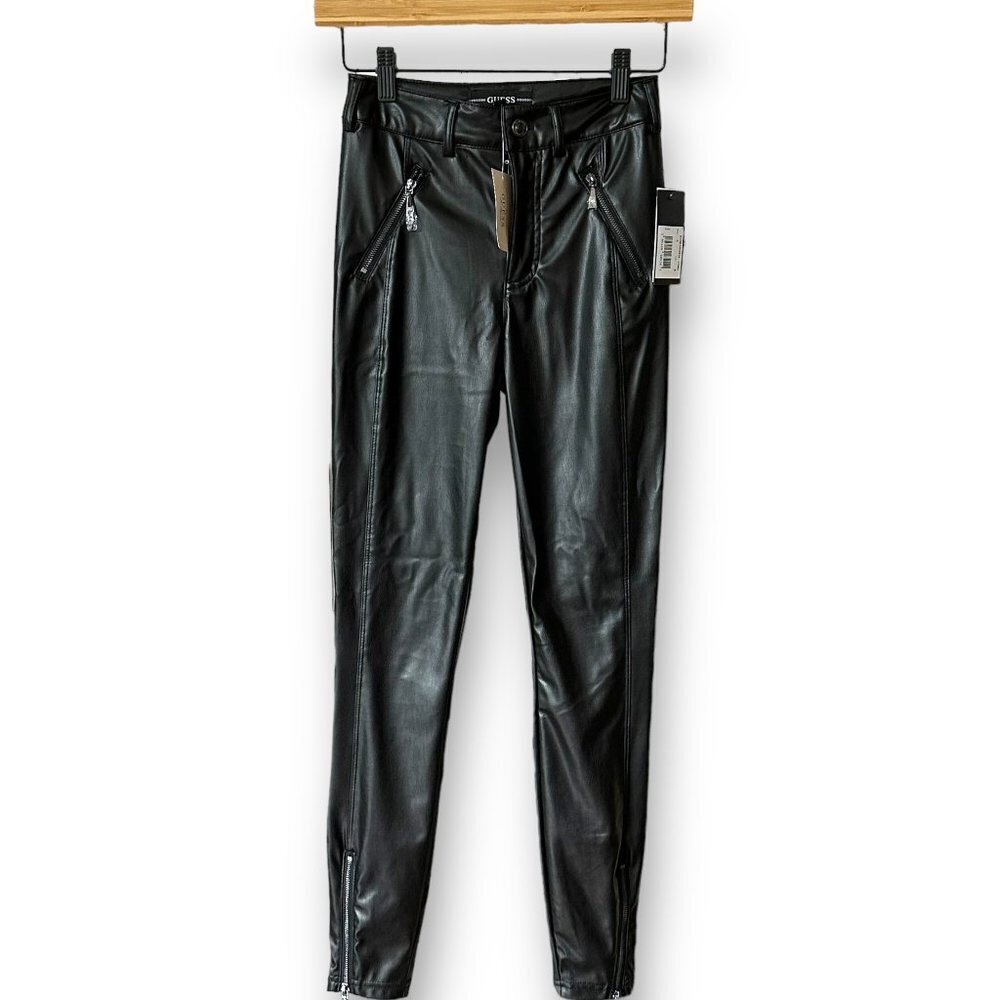 GUESS Women's Soto Faux Leather Skinny Pant Jet Black Sz 0 - Picture 2 of 12